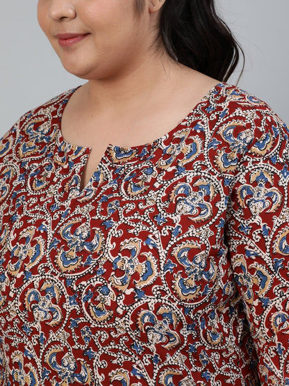 Women's Plus Size Maroon Printed Night Suit With Three Quarters Flared Sleeves