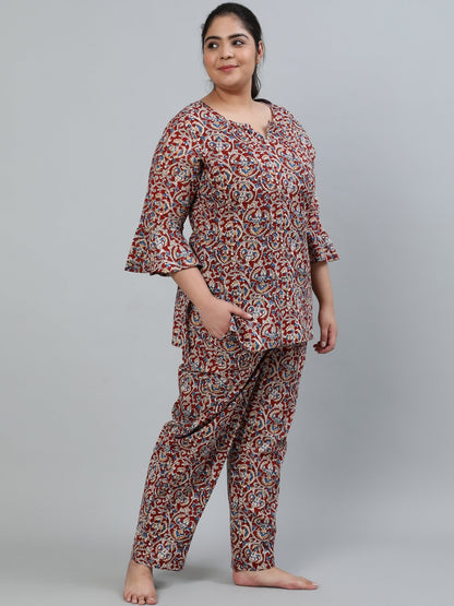 Women's Plus Size Maroon Printed Night Suit With Three Quarters Flared Sleeves