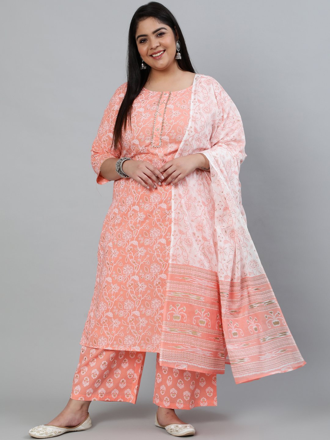 Women's Plus Size Peach & Gold Printed Straight Kurta With Palazo & Dupatta
