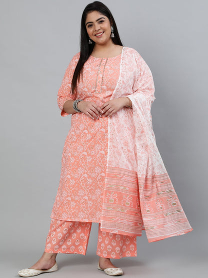 Women's Plus Size Peach & Gold Printed Straight Kurta With Palazo & Dupatta