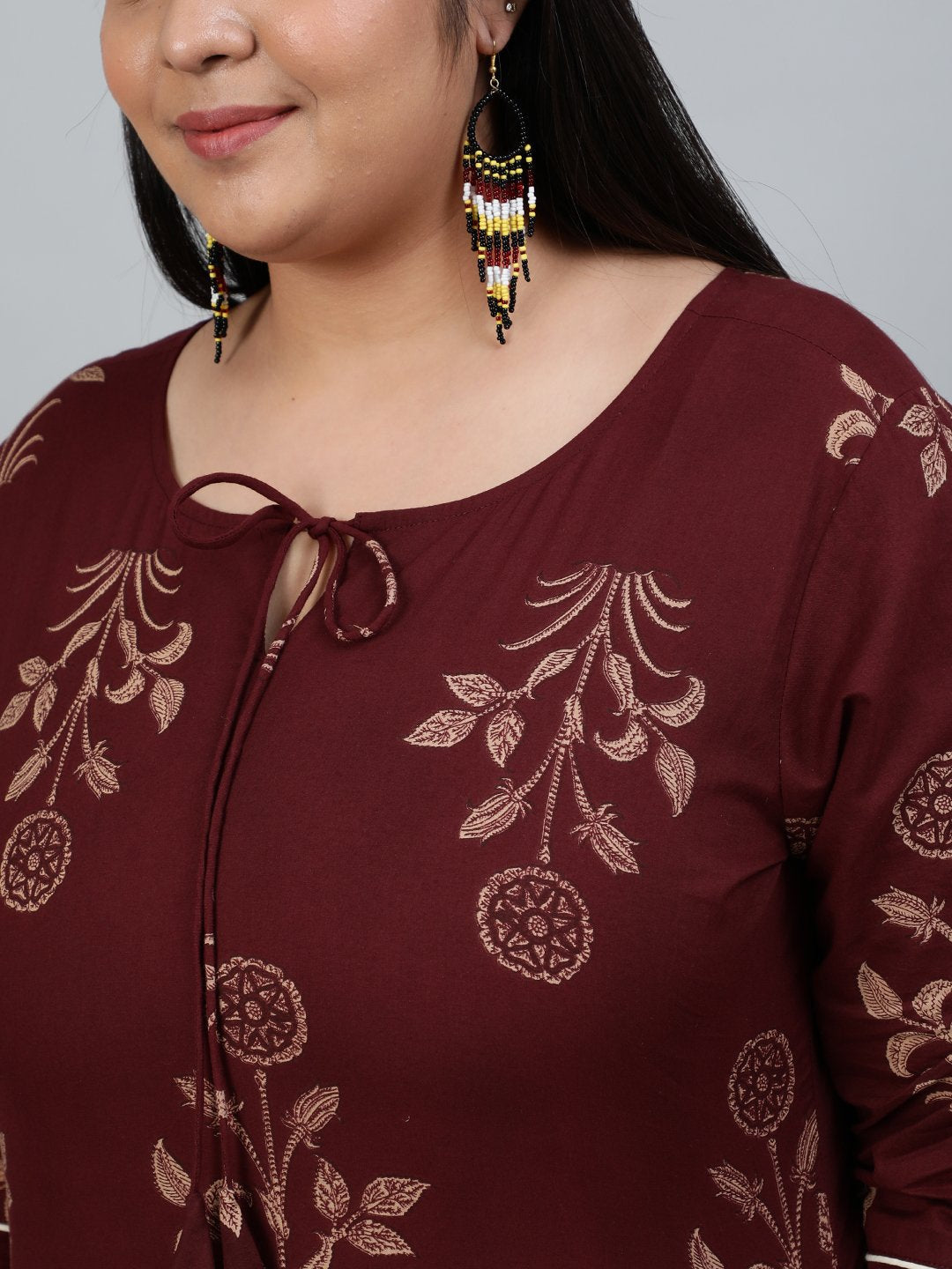 Women's Plus Size Brown & Gold Printed Straight Kurta With Palazo & Dupatta