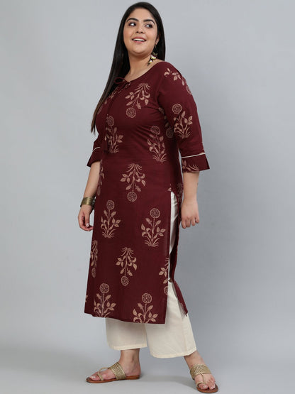 Women's Plus Size Brown & Gold Printed Straight Kurta With Palazo & Dupatta