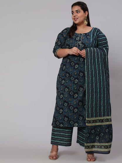 Women's Plus Size Blue floral Printed Kurta And Palazzo With Dupatta