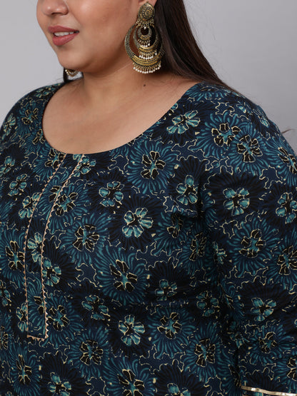 Women's Plus Size Blue floral Printed Kurta And Palazzo With Dupatta