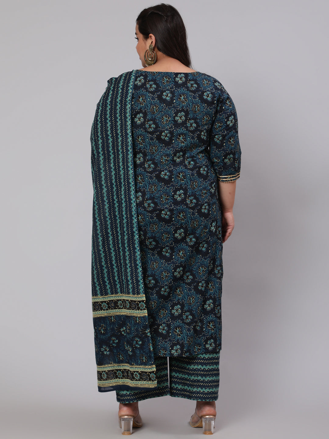 Women's Plus Size Blue floral Printed Kurta And Palazzo With Dupatta