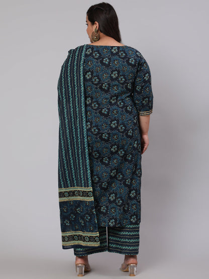 Women's Plus Size Blue floral Printed Kurta And Palazzo With Dupatta
