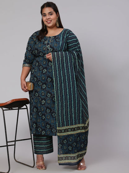Women's Plus Size Blue floral Printed Kurta And Palazzo With Dupatta