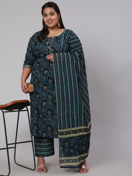 Women's Plus Size Blue floral Printed Kurta And Palazzo With Dupatta
