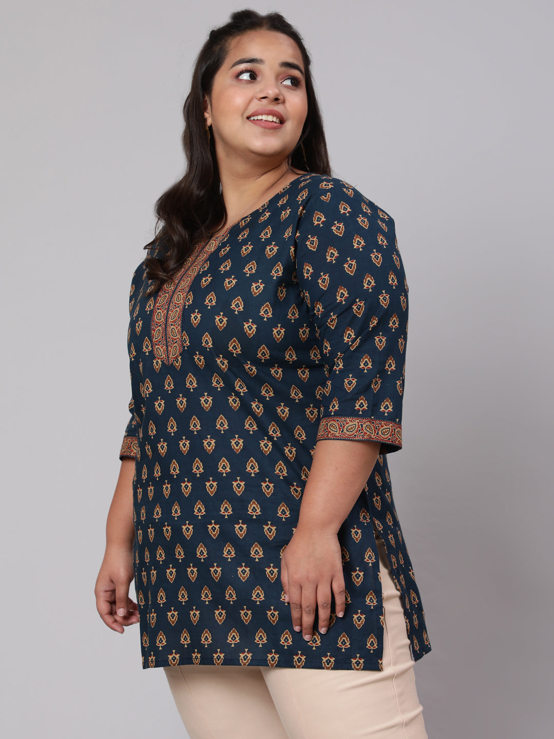 Women's Plus Size Navy Blue Tunic With Three Quarter Sleeves