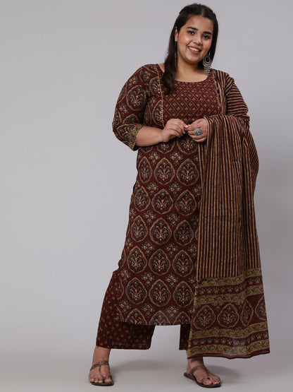 Women's Plus Size Women's Brown Printed Cotton Kurta with Trousers & Dupatta