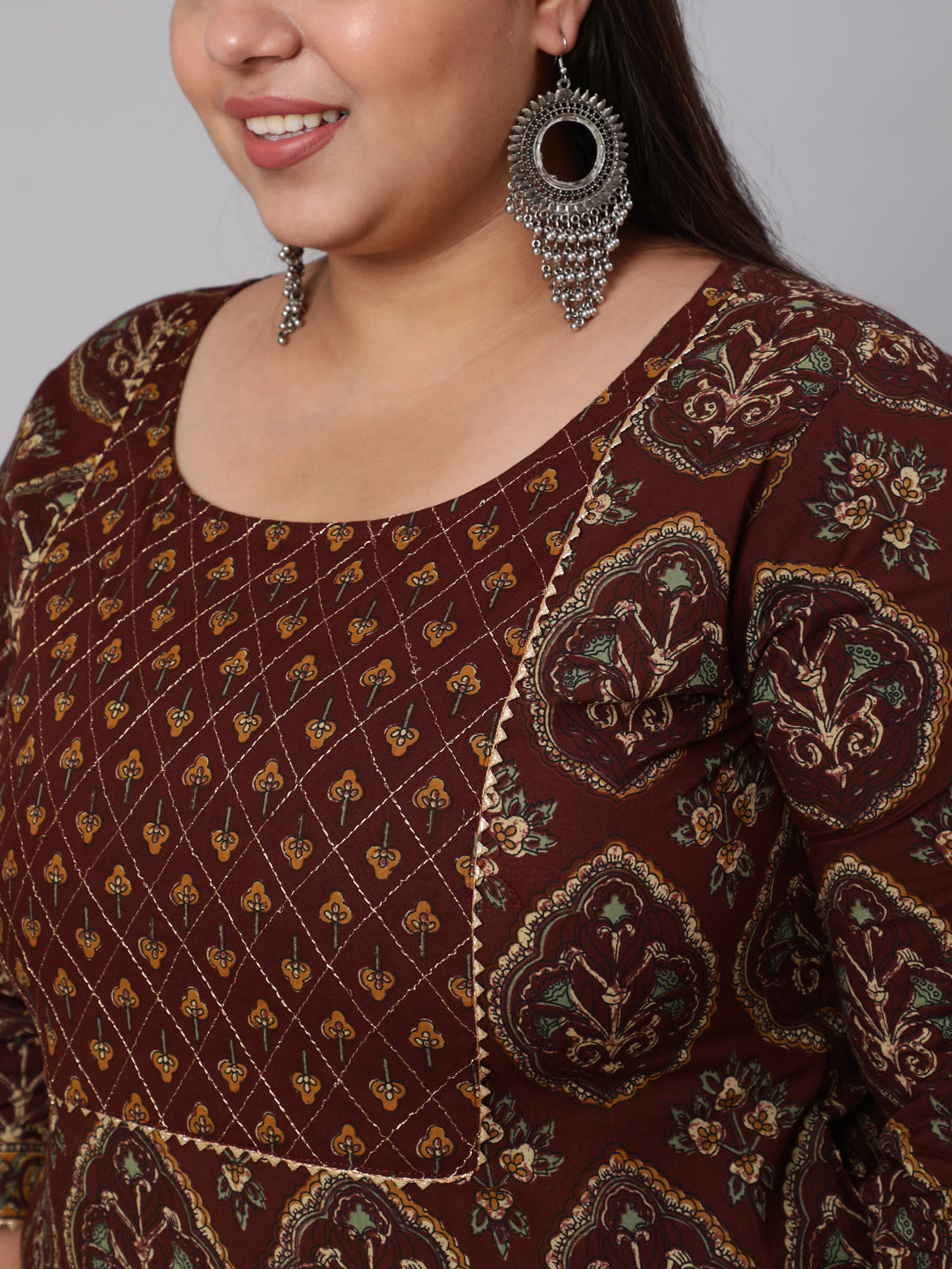 Women's Plus Size Women's Brown Printed Cotton Kurta with Trousers & Dupatta