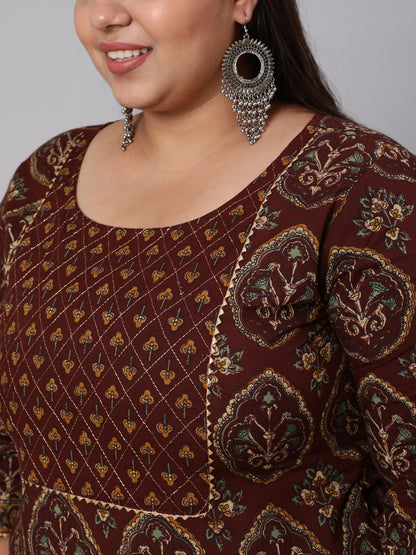 Women's Plus Size Women's Brown Printed Cotton Kurta with Trousers & Dupatta