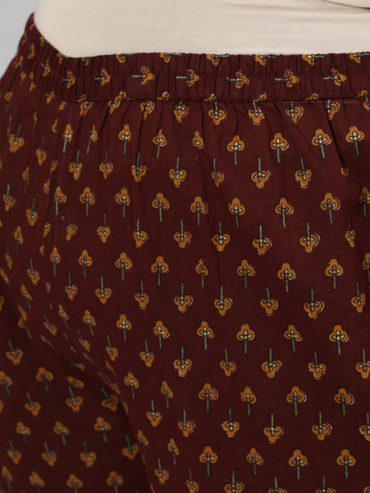 Women's Plus Size Women's Brown Printed Cotton Kurta with Trousers & Dupatta