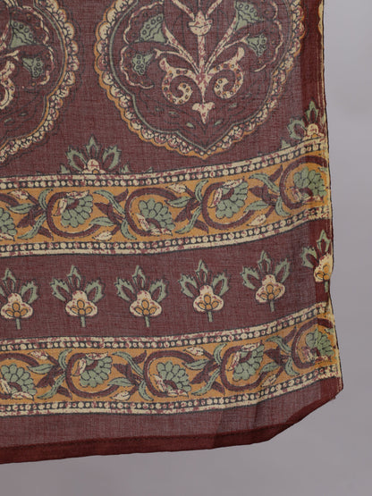 Women's Plus Size Women's Brown Printed Cotton Kurta with Trousers & Dupatta