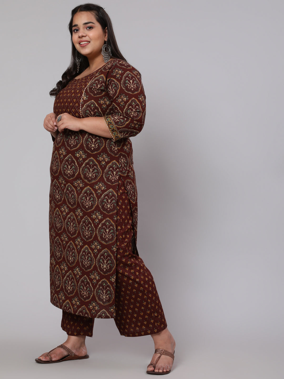 Women's Plus Size Women's Brown Printed Cotton Kurta with Trousers & Dupatta