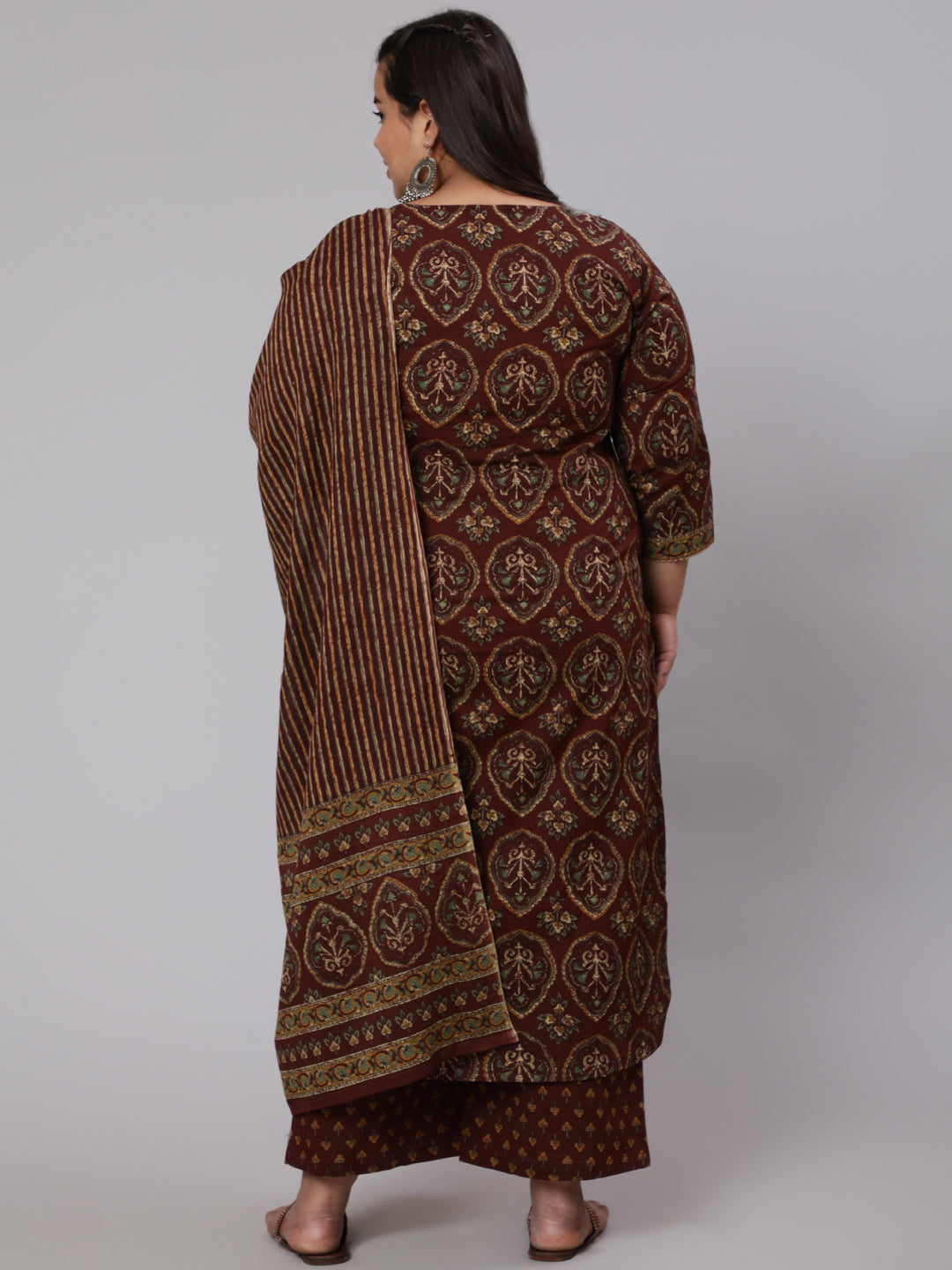 Women's Plus Size Women's Brown Printed Cotton Kurta with Trousers & Dupatta