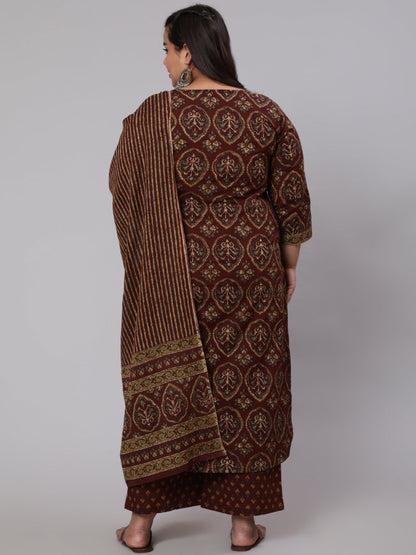 Women's Plus Size Women's Brown Printed Cotton Kurta with Trousers & Dupatta