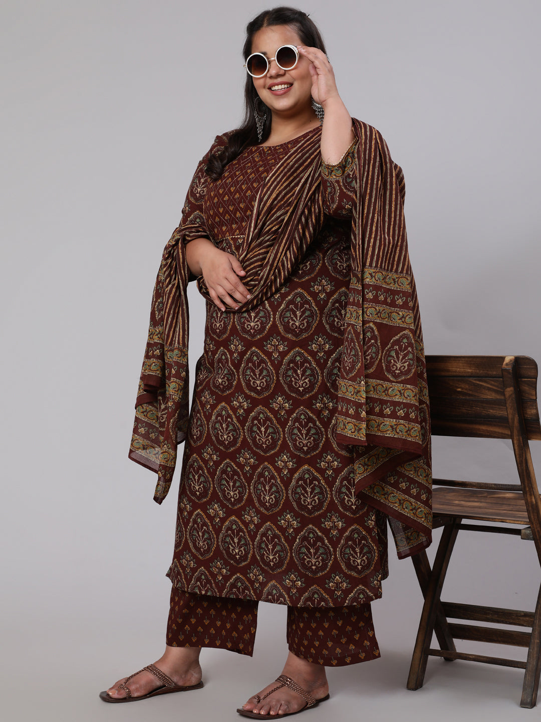 Women's Plus Size Women's Brown Printed Cotton Kurta with Trousers & Dupatta