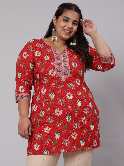 Women's Plus Size Red Ethnic Tunic With Three Quarter Sleeves