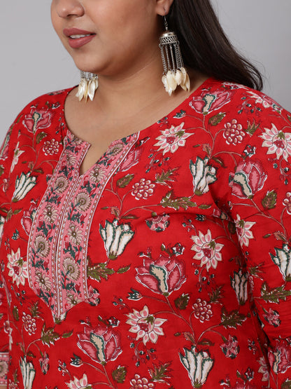 Women's Plus Size Red Ethnic Tunic With Three Quarter Sleeves