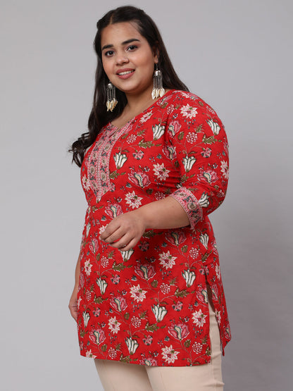 Women's Plus Size Red Ethnic Tunic With Three Quarter Sleeves