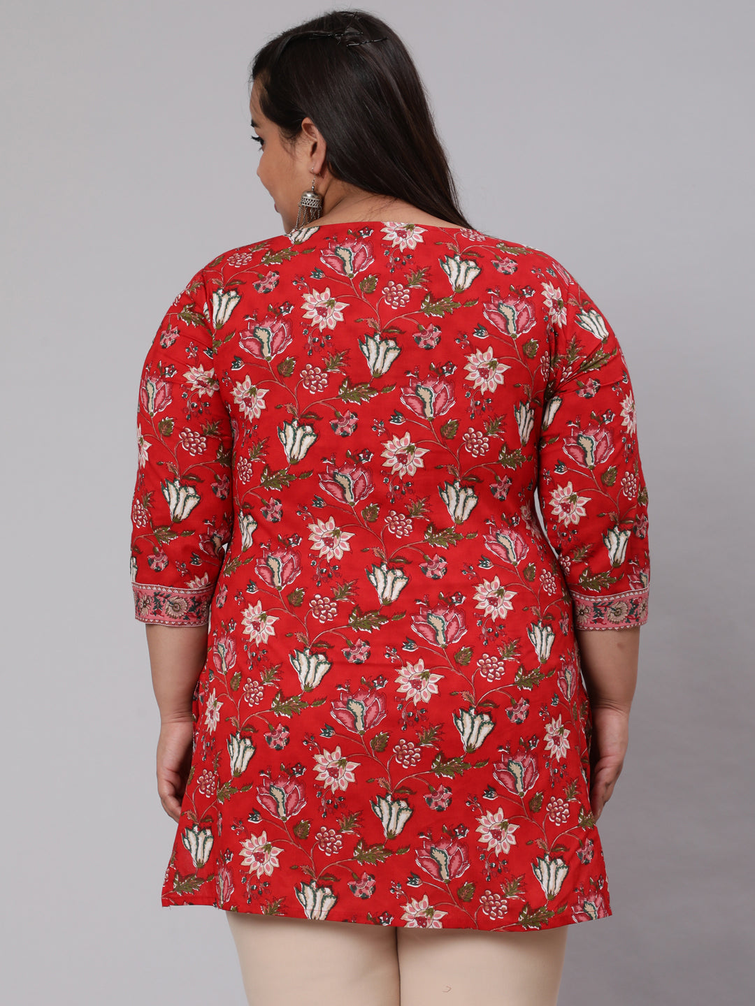 Women's Plus Size Red Ethnic Tunic With Three Quarter Sleeves