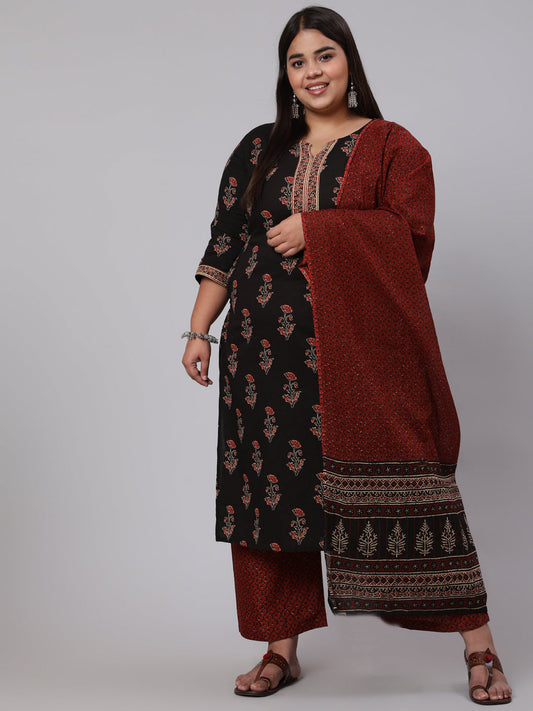 Women's Plus Size Black Printed Straight Kurta With Plazo & Dupatta