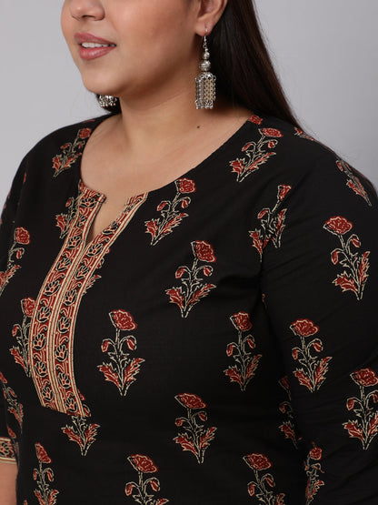 Women's Plus Size Black Printed Straight Kurta With Plazo & Dupatta