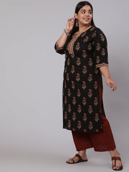 Women's Plus Size Black Printed Straight Kurta With Plazo & Dupatta