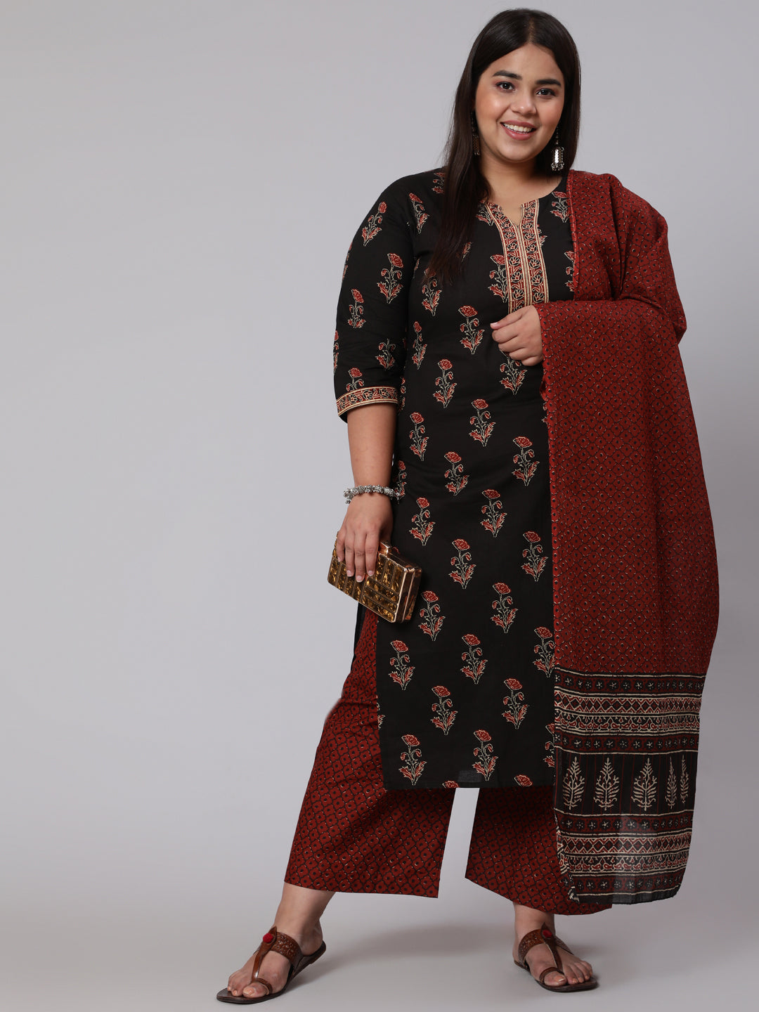 Women's Plus Size Black Printed Straight Kurta With Plazo & Dupatta