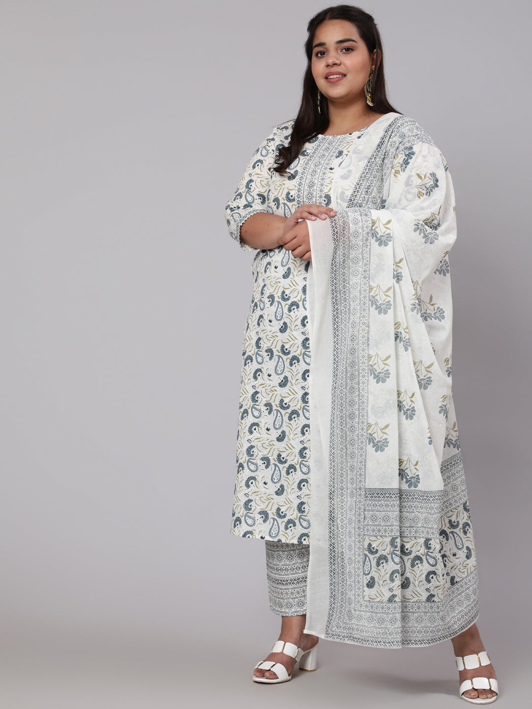 Women's Plus Size Grey Printed Kurta And Palazzo With Dupatta