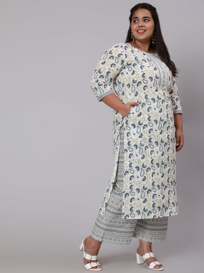 Women's Plus Size Grey Printed Kurta And Palazzo With Dupatta