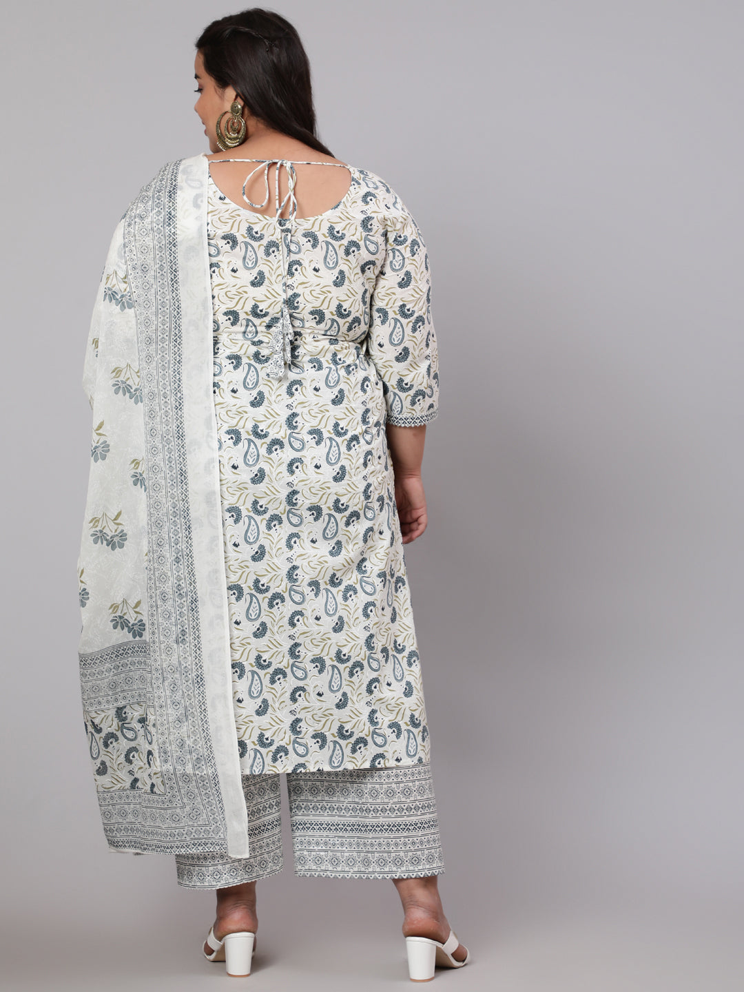 Women's Plus Size Grey Printed Kurta And Palazzo With Dupatta
