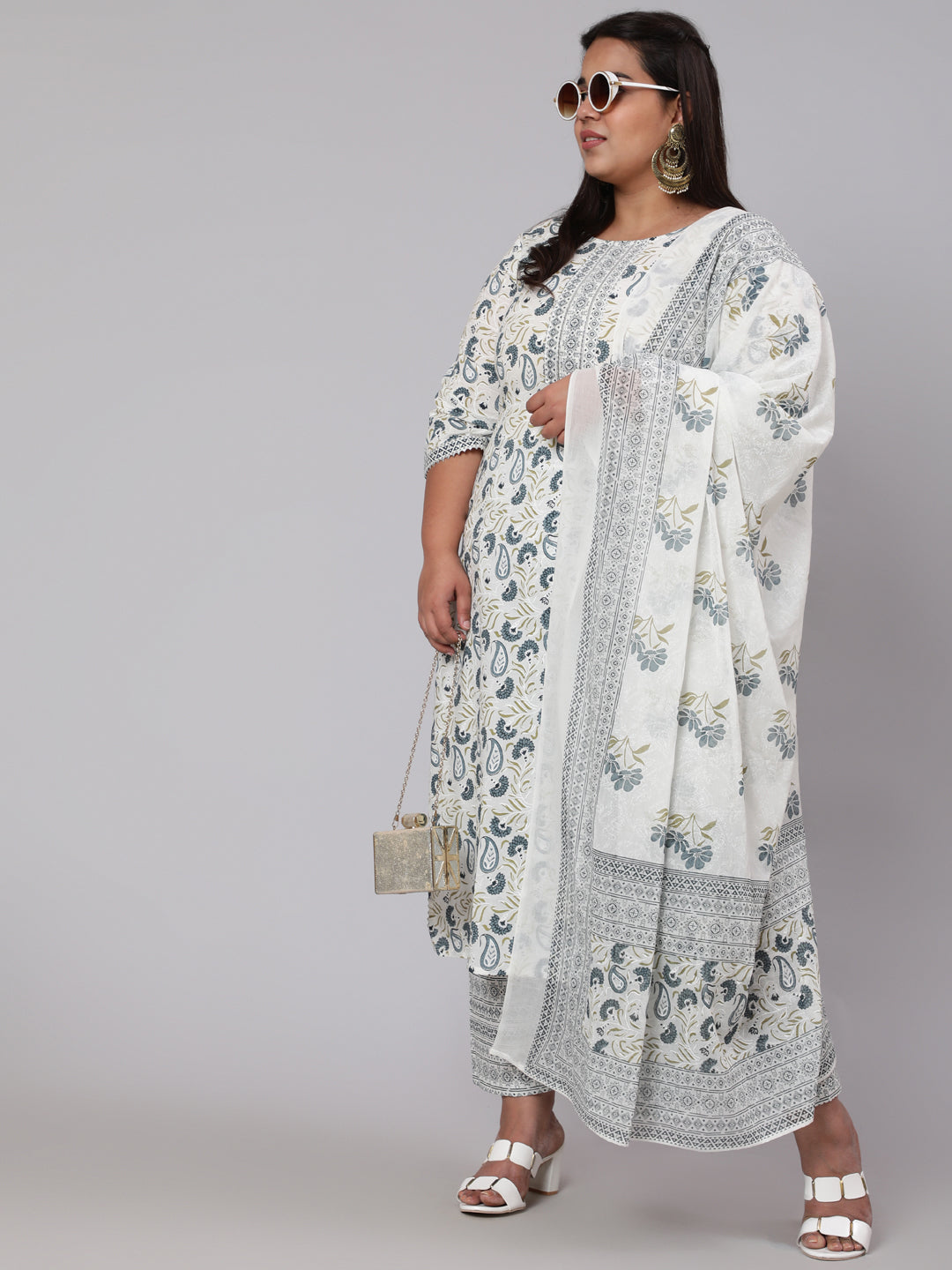 Women's Plus Size Grey Printed Kurta And Palazzo With Dupatta