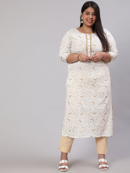 Women's Plus Size Women's Off White Printed Straight kurta with Three Quarters Sleeves
