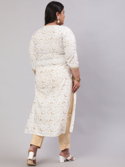 Women's Plus Size Women's Off White Printed Straight kurta with Three Quarters Sleeves