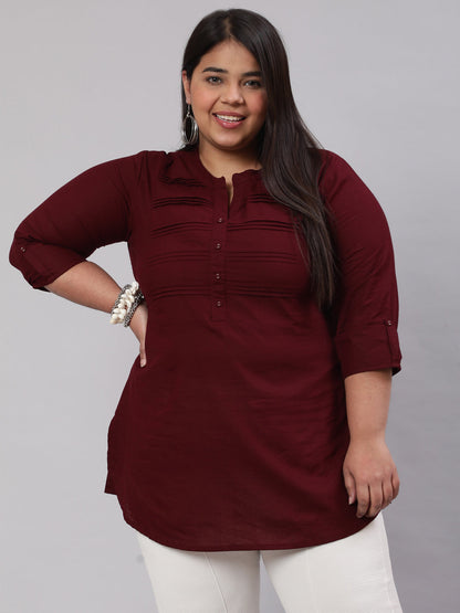 Women's Plus Size Burgundy Ethnic Tunic With Three Quarter Sleeves