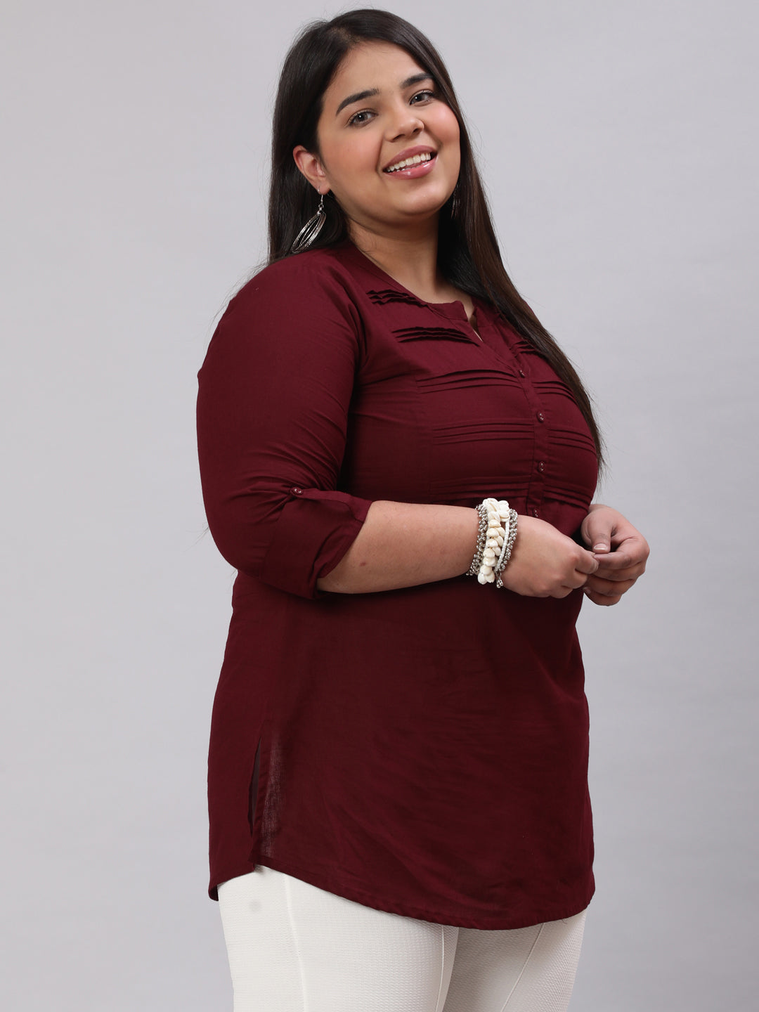 Women's Plus Size Burgundy Ethnic Tunic With Three Quarter Sleeves