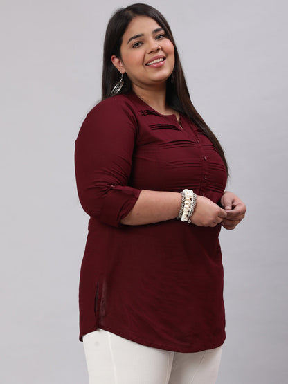 Women's Plus Size Burgundy Ethnic Tunic With Three Quarter Sleeves
