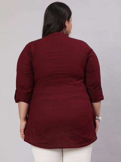 Women's Plus Size Burgundy Ethnic Tunic With Three Quarter Sleeves