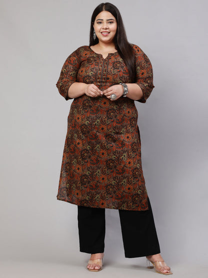 Women's Plus Size Multi Printed Straight kurta with Three Quarters Sleeves