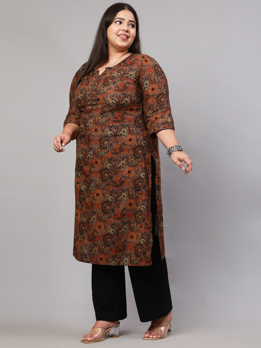 Women's Plus Size Multi Printed Straight kurta with Three Quarters Sleeves