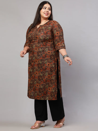 Women's Plus Size Multi Printed Straight kurta with Three Quarters Sleeves