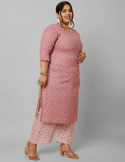 Women's Plus Size Pink Printed Kurta And Palazzo With Dupatta