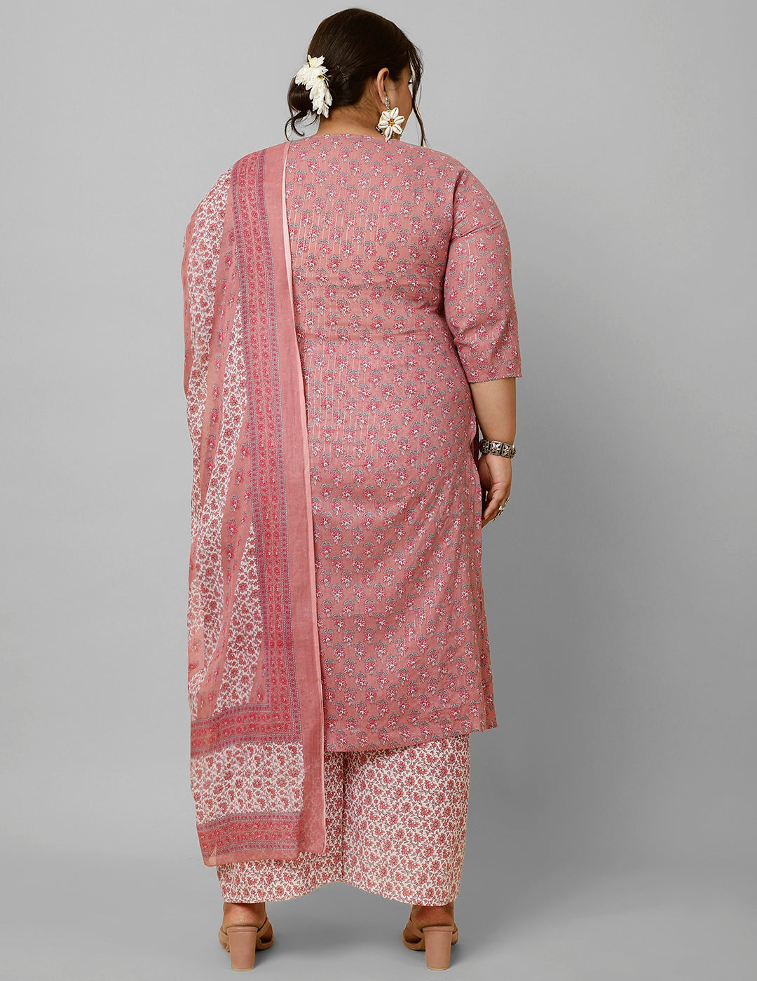 Women's Plus Size Pink Printed Kurta And Palazzo With Dupatta