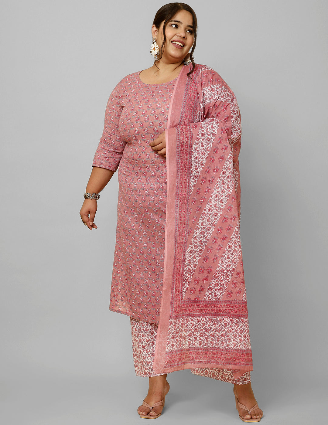 Women's Plus Size Pink Printed Kurta And Palazzo With Dupatta