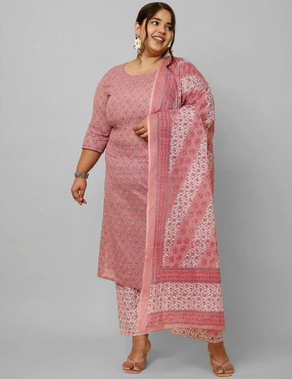 Women's Plus Size Pink Printed Kurta And Palazzo With Dupatta