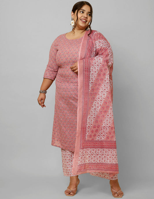 Women's Plus Size Pink Printed Kurta And Palazzo With Dupatta