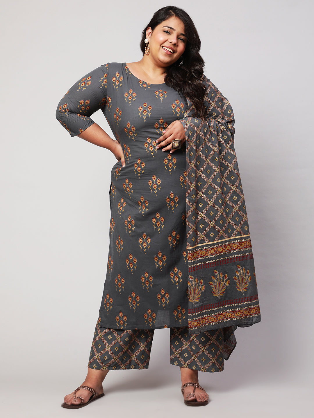 Women's Plus Size Grey Printed Kurta And Palazzo With Dupatta