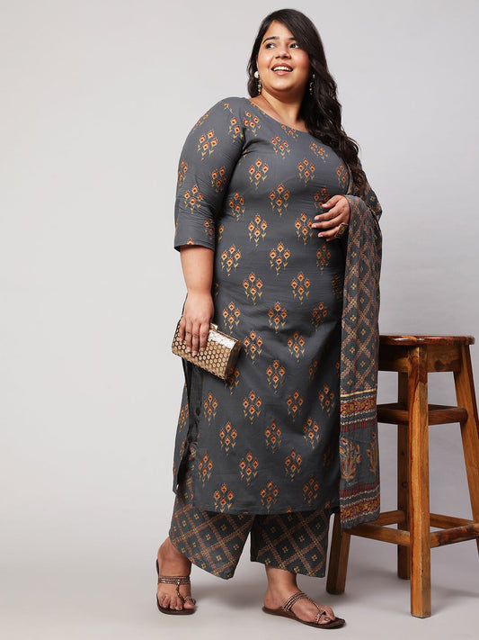 Women's Plus Size Grey Printed Kurta And Palazzo With Dupatta